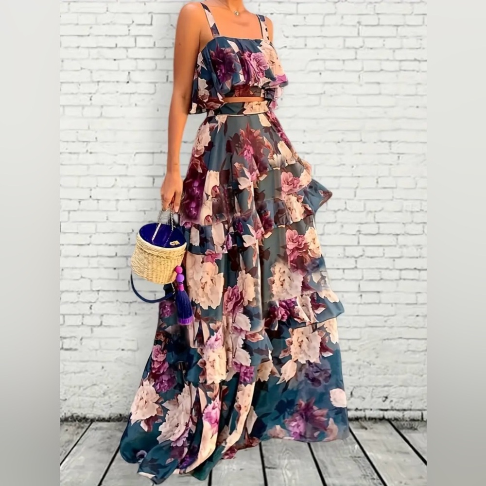 Floral Ruffle Maxi Dress - Navy & Blush
